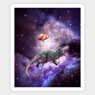 Galaxy Flamingo Riding Dinosaur In Space - Rainbow Sticker